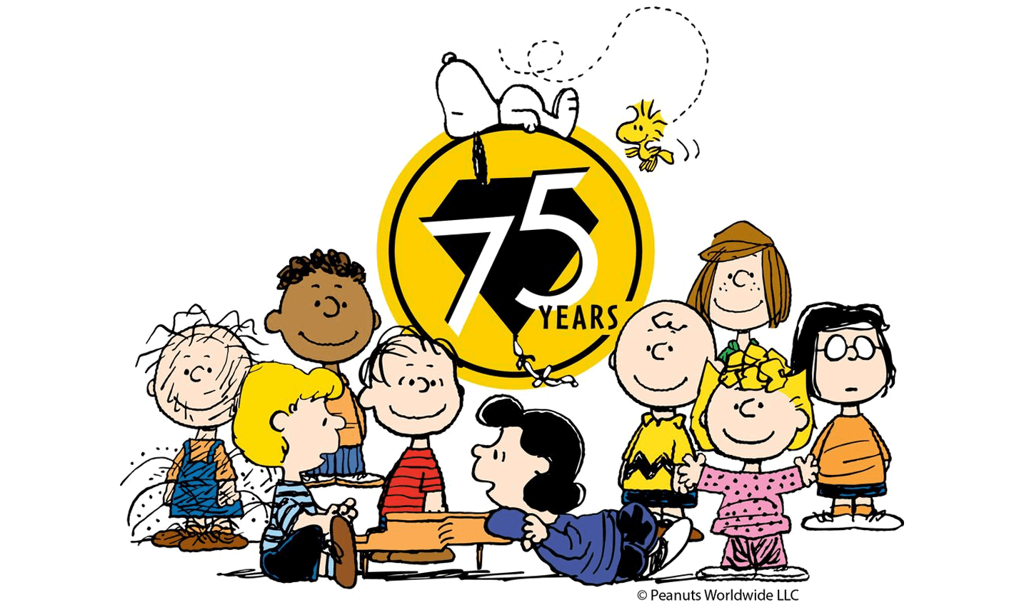 Peanuts comic: Snoopy and Woodstock sit atop a yellow circle with “75 Years,” surrounded by Charlie Brown, Lucy, Linus, Sally, Peppermint Patty, Franklin, Schroeder, Pigpen, and Marcie.