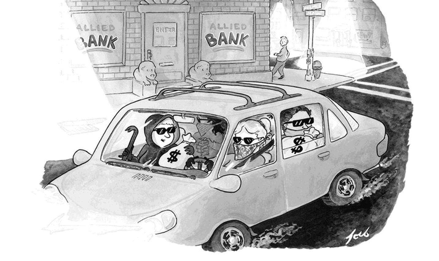 And To Think We Started As a Book Club ... Four masked seniors in sunglasses speed away from Allied Bank in a getaway car, clutching cash bags and a crowbar as a pedestrian looks on.