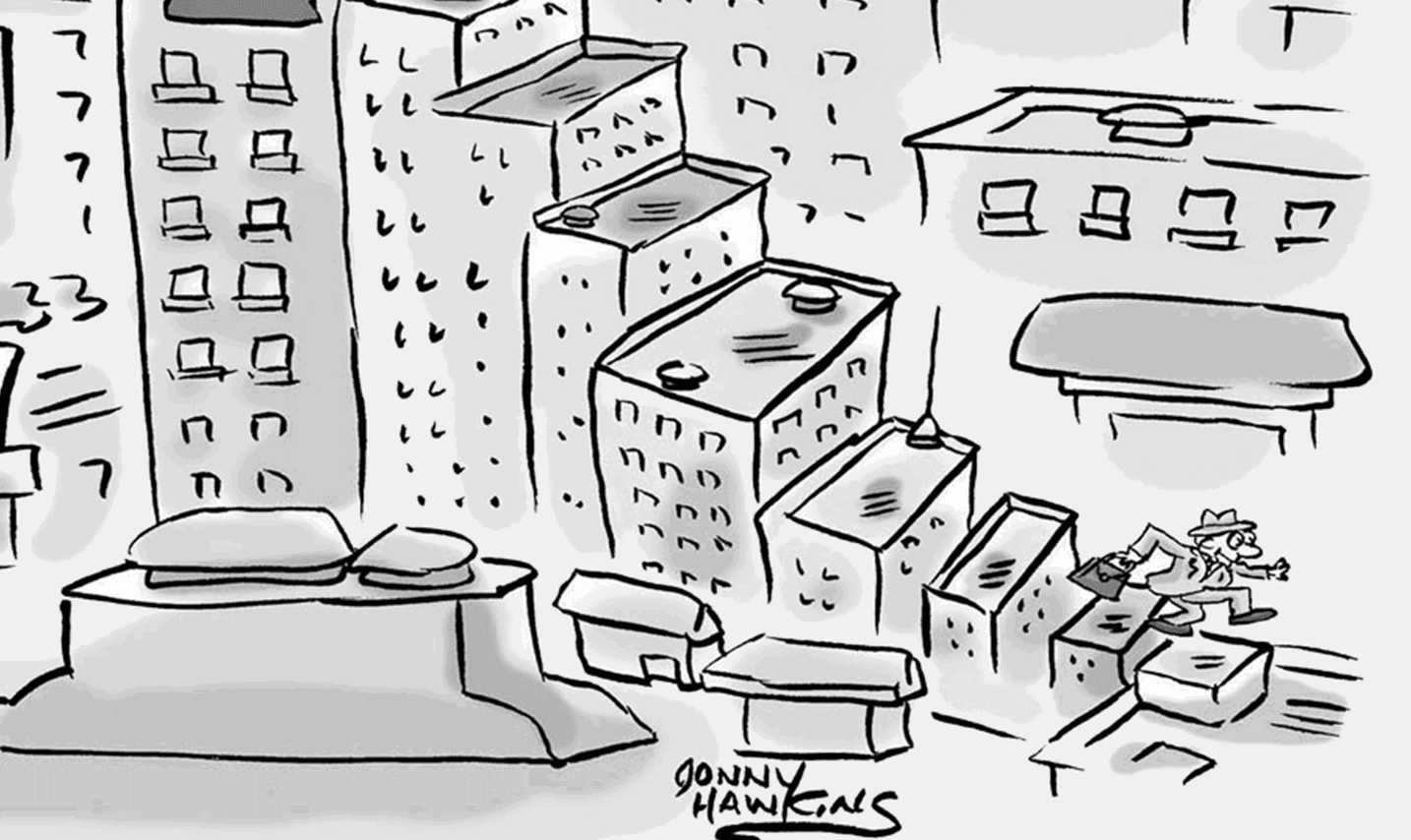 Street Scene comic: Black-and-white cityscape with tall buildings as a man in a suit and hat runs across rooftops carrying a briefcase.