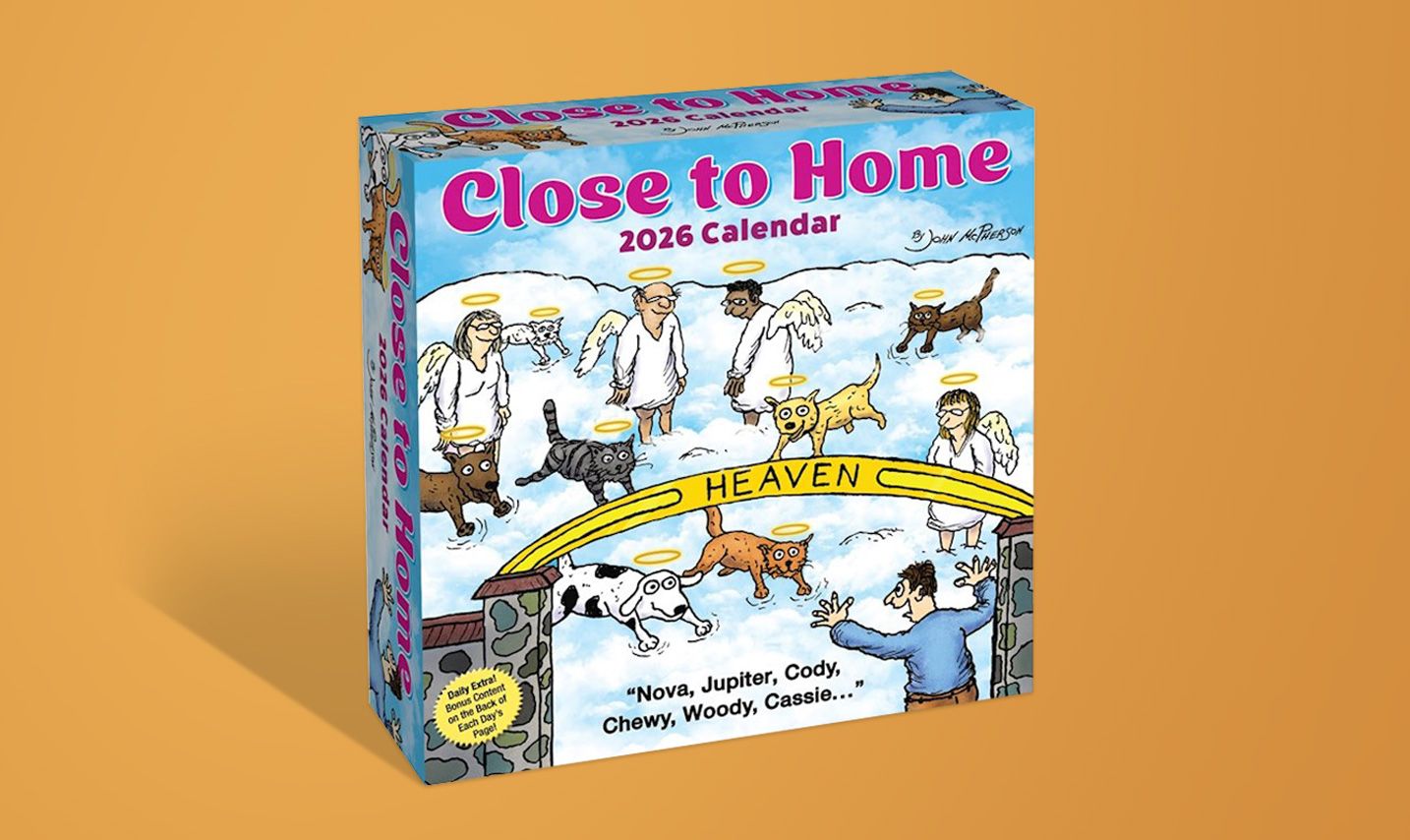 Close to Home 2026 calendar box showing cartoon of pet heaven: robed angels and haloed cats and dogs run through a HEAVEN gate toward an excited man, with pet names listed below.