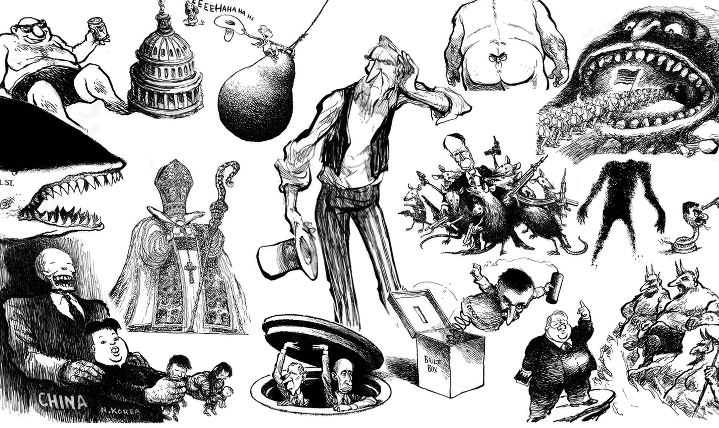 political cartoon compilation featuring various satirical illustrations in black and white