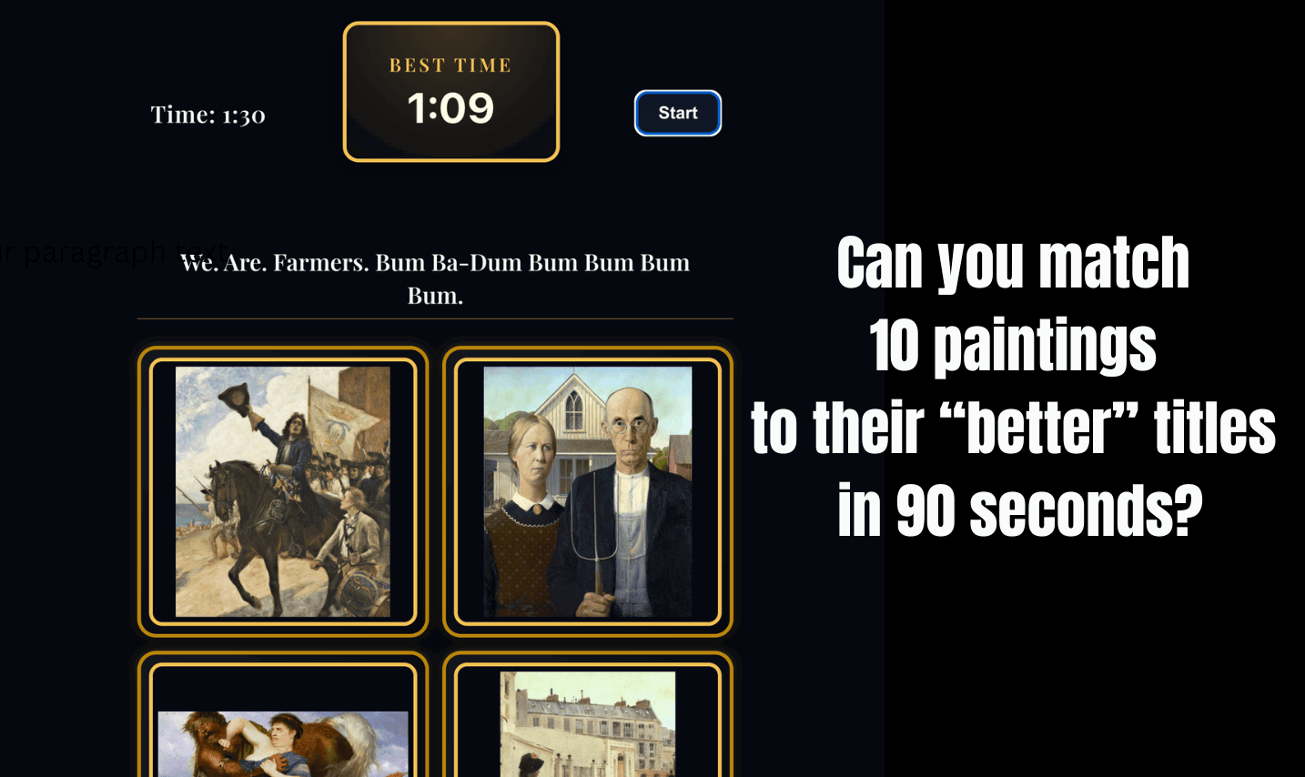 This is Priceless: Game screen shows timer, best time 1:09, grid of famous paintings and prompt text, “Can you match 10 paintings to their ‘better’ titles in 90 seconds?”