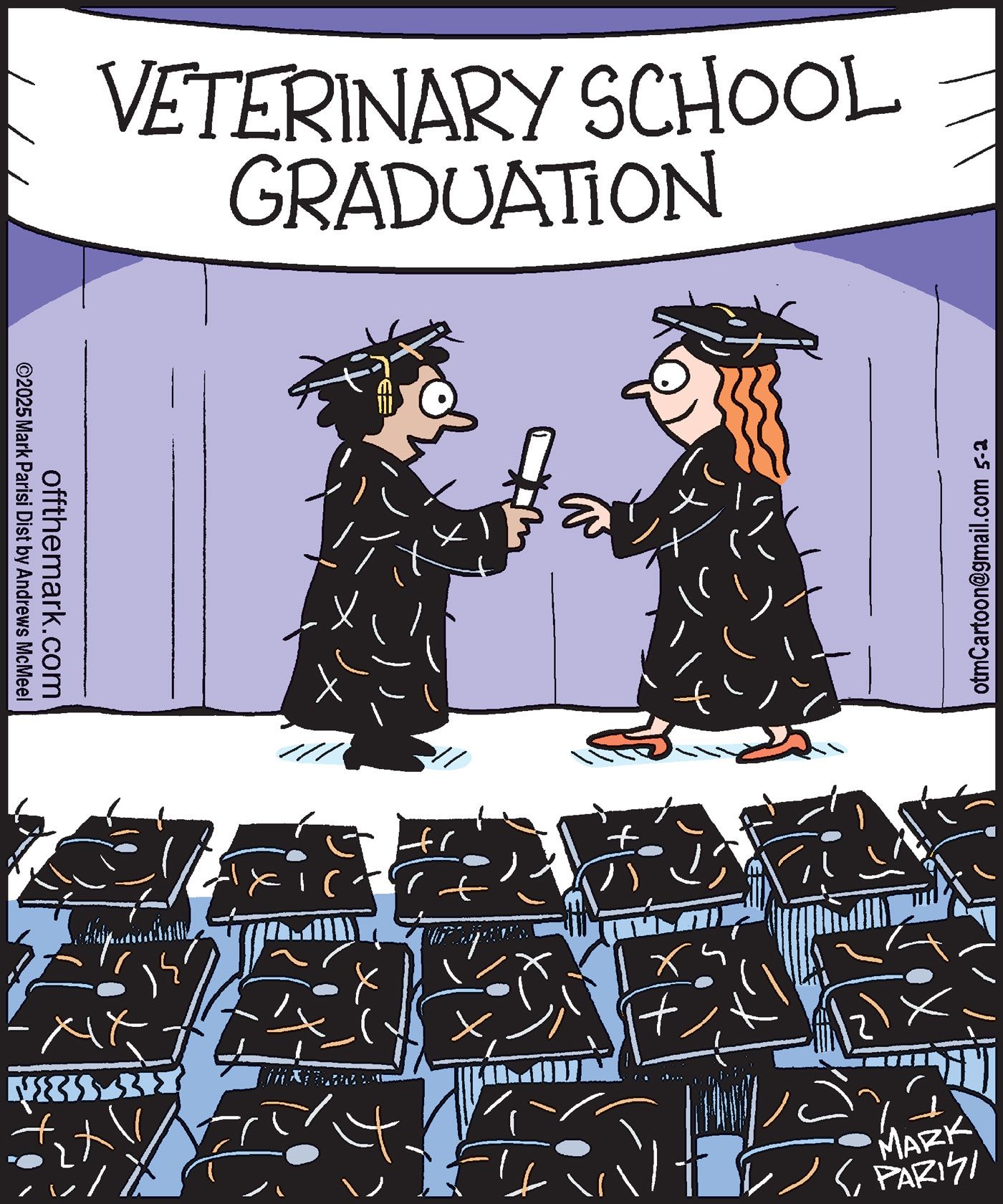 Off the Mark: Under a banner reading “VETERINARY SCHOOL GRADUATION,” two grads meet on stage; the crowd’s mortarboards are ripped and clawed, implying vet students’ run-ins with animals.