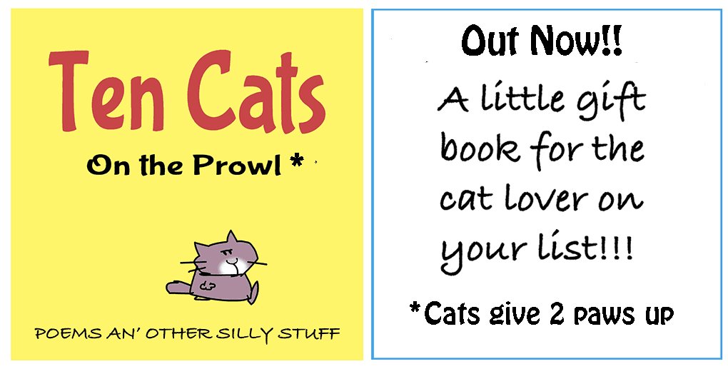 Ten Cats comic: Yellow ad shows book cover “Ten Cats: On the Prowl” with cartoon cat; side text reads “Out Now!! A little gift book for the cat lover… *Cats give 2 paws up.”